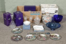 Two boxes of assorted miscellaneous, to include large mottled blue glass bowl in the style of