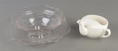A vintage glass lettuce drainer bowl and plate together with a Royal Winton invalid feeder cup.