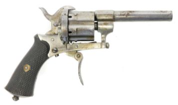 Belgian 7mm pinfire revolver, 3inch barrel Belgian proof marks, grip mounted extraction rod, six