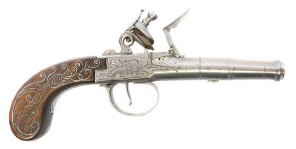 E. Moody 80 bore flintlock pocket pistol, 2.25inch turn off barrel, London proof marks, scroll