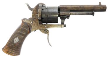Belgian 7mm pinfire revolver, 3.25 inch sighted octagonal barrel, side mounted extraction rod, six