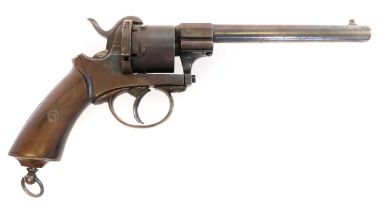 Belgian 9mm pinfire revolver, with 6inch sighted barrel and six shot cylinder stamped with Liege