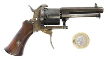 Unusually small Belgian 5mm pinfire revolver, 2.25 inch sighted octagonal barrel, side mounted