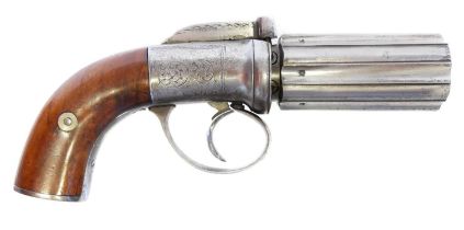 Percussion 90 bore pepperbox revolver, six shot 3inch cylinder, Birmingham proof marks, scroll