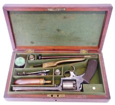 Cased Tranter 1st model patent 50 bore double trigger percussion revolver, serial number 20488Y, 6.