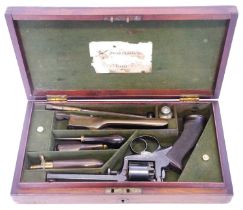 Cased Deane Adams and Deane patent 1851 120 bore percussion revolver, serial number 21115R, 4.