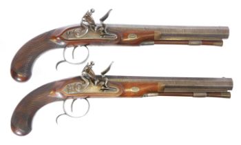 Fine pair of 30 bore flintlock duelling pistols by Staudenmayer, 10inch sighted Damascus octagonal