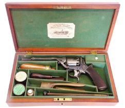Cased Tranter transitional 1st/2nd model patent 54 bore double trigger percussion revolver, serial