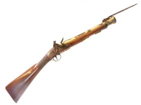 Flintock blunderbuss, 14inch brass cannon barrel with folding bayonet, (locking catch missing)