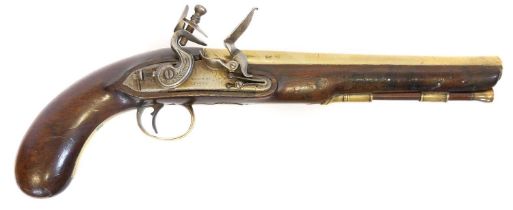 Brander and Potts flintlock 24 bore holster pistol, 9inch brass barrel engraved with 70 Minories