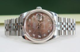 A ROLEX Oyster Datejust stainless steel automatic wristwatch, the 36mm case with diamond set hours