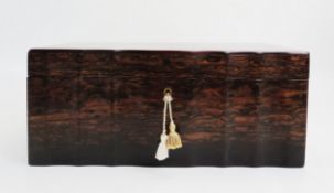 A Victorian coromandel sewing box, of rectangular outline, with lift-out tray having specimen