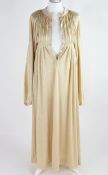 Jean Muir, London - vintage lady's maxi dress in cream, with cuff sleeves and pleated bodice, size