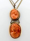 A double coral and gold cameo necklace/pendant, total weight approx 16.8g.