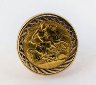 A George V gold half sovereign 1914, mounted into a ring, total weight 9.6g.