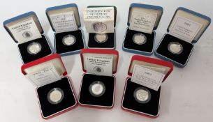 A collection of eight silver One Pound coins including three Piedfort coins, each with certificate