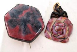 An enamel rose pendant marked to reverse 'J. Raynaud Limoges', height 4cm, together with a glazed