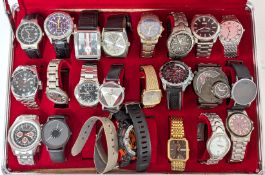 A collection of 22 men's dress watches in a metal carry case, to include Elgin, Hugo, Pierre Cardin,