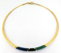 An 18ct yellow gold tube collar necklace with enamel set section front, (damaged slider), approx