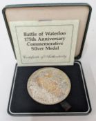 A battle of Waterloo 175th anniversary commemorative silver medal with certificate of authenticity