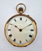 A 9ct gold pocket watch, marked 375, roman enamel dial, with embossed decoration to perimeter,
