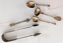 A collection mid-19th century to early 20th century silver sugar tongs and spoons, total weight