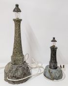 Two serpentine lamps in the form of lighthouses on stone bases with modern fittings (1 chipped)