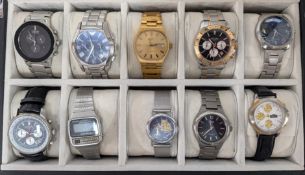 Ten Men's dress watches, to include Rotary, Seiko, Casio, etc, in a fitted case.