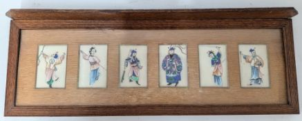 A framed set of Chinese watercolours of warriors on pith paper, overall size approx 18.5cm x 53.