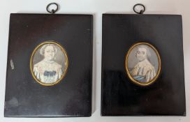 A pair of 18th century portrait miniatures painted on copper of a man and woman in slashed gowns