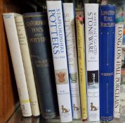 A collection of reference books on Staffordshire pottery, Stoneware, and Longton Hall porcelain.