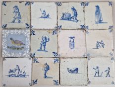 Twelve Delft style earthenware tiles, decorated in blue and white glaze with figures, bird, etc,
