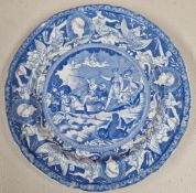 A transfer printed blue and white ceramic plate, decorated with Neptune riding sea horses, with