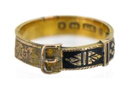 A 19th-century mourning ring, set with black enamel and hair, featuring a buckle motif. Mounted in