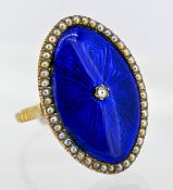 An antique royal blue enamel and seed pearl ring, possibly a mourning or remembrance ring, with an