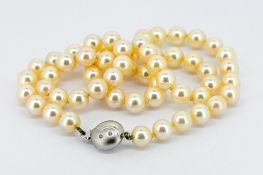 A single row pearl necklace, set with an 18ct white gold clasp, length approx 44cm.