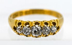 Antique five stone diamond set ring, set in 18ct yellow gold, with indistinct inscription to the