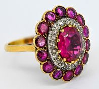 A good diamond, red stone and ruby set cluster ring, set in yellow gold (not hallmarked), size N/