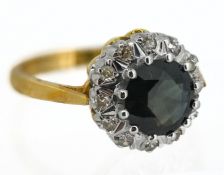 A diamond and sapphire cluster ring, set in 18ct yellow gold, size M/N, approx 5g.