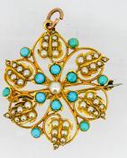 An Antique turquoise and seed pearl set brooch/pendant, of floral or snowflake design, set in yellow
