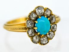 A Victorian style diamond and turquoise set cluster ring, set in yellow gold, size L, approx 3.1g.