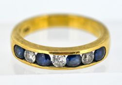 A seven-stone diamond and sapphire half-eternity ring, channel-set in 18ct yellow gold. Size N/O.