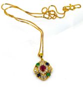 A ruby, diamond, sapphire and emerald cluster pendant necklace, mounted in 18ct yellow gold. Total