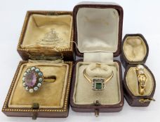 Three dress rings including amethyst and seed pearl, emerald and diamond and pearl and diamond ring,