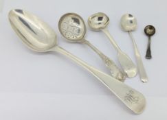 Five silver spoons, to include tablespoon, sugar sifter, etc. total weight approx 3.74oz. (5)