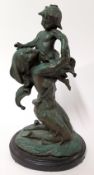 A bronzed style metal figure of a mother and child, height approx 31cm, together with a black