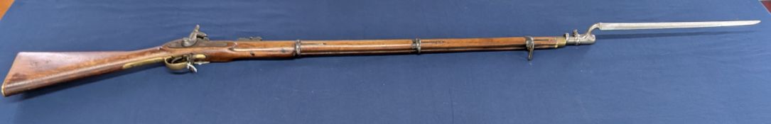 A Victorian Enfield Mark II 3 band 2nd model 1857 P53 with bayonet, impressed marks to lock and
