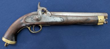 A 19th century East India Company Cavalry percussion pistol, rearing lion right of lock, length