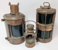Three ships lamps, of brass and copper, tallest approx 44cm. (3)