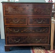 An 18th/19th century secretaire chest, of mahogany with elaborate floral inlay to drawers, green